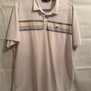 Travis Mathew White Polo with Blue and Tan Stripes